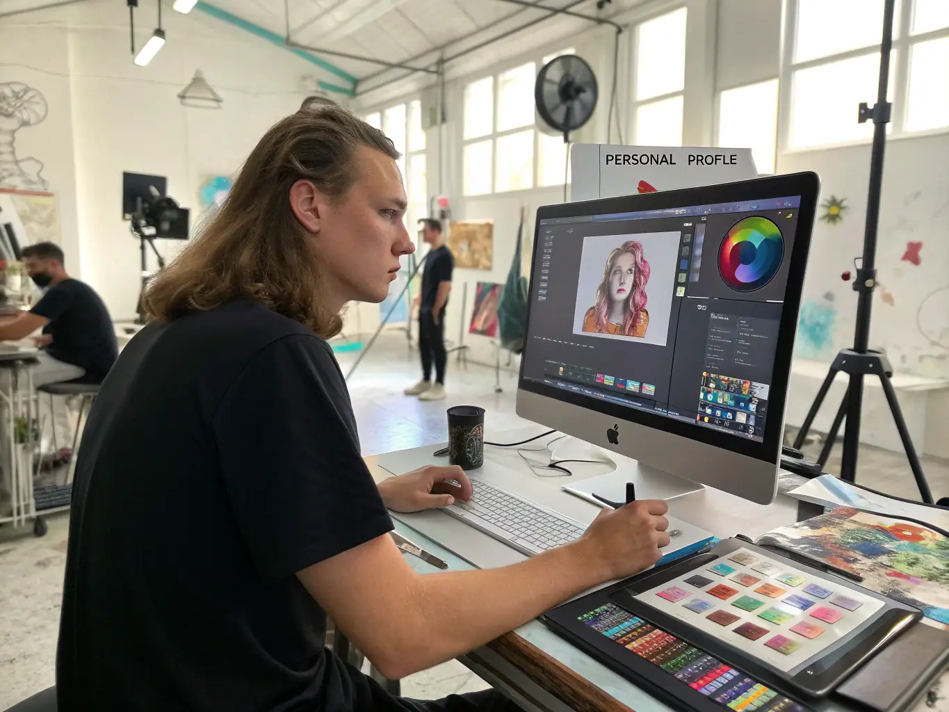 An image showcasing creative content creation, featuring a graphic designer working on a visually stunning graphic with various design elements around.