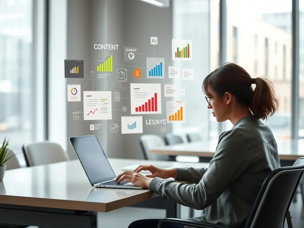 A visually appealing image representing social media management, showing a person scheduling posts on a content calendar with various social media icons in the background.
