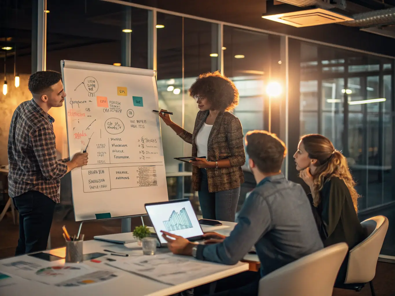 An image representing branding strategy, showing a brainstorming session with sticky notes, charts, and graphs illustrating brand positioning and messaging.